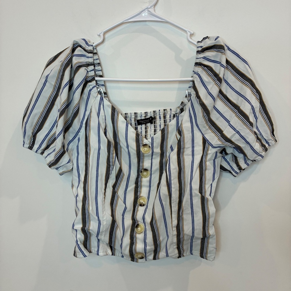 Emerson Lang Striped Puff Sleeve Button Front Smocked Back Blouse XL